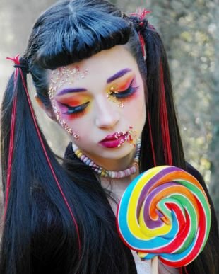 Яркий макияж, разноцветный мейкап на хэллоуин