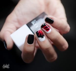 Осенний дизайн ногтей, красно-черно-белый маникюр